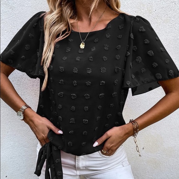 🖤 BOHO BLACK SIDE TIE DOTTED TOP! - Picture 1 of 7
